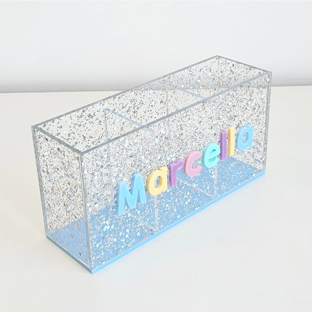 Porta Lápis e Canetas Triplo Glitter em Acrílico Nome Individual