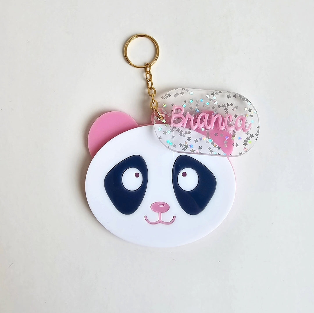 Chaveiro para Mochila Escolar em Acrílico Panda com Nome