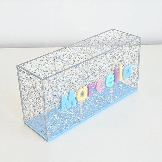 Porta Lápis e Canetas Triplo Glitter em Acrílico Nome Individual