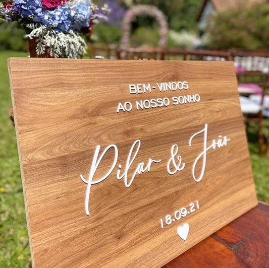 Placa Personalizada Madeira - Bem Vindos Casamento