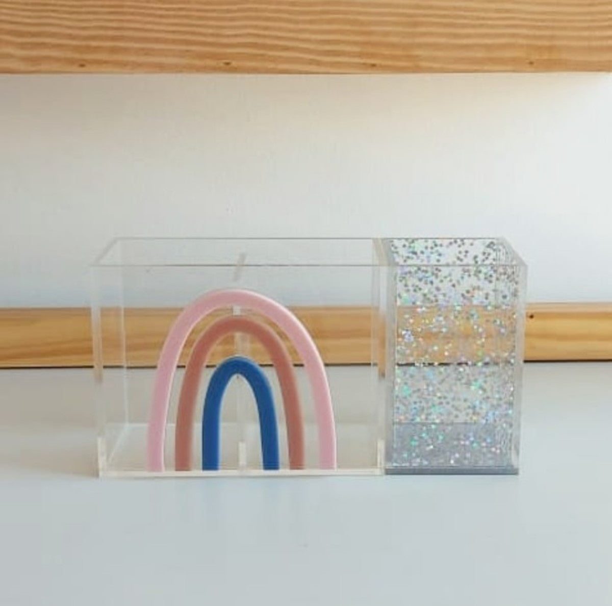 Kit Porta Lápis e Canetas em Acrílico Arco Íris e Glitter